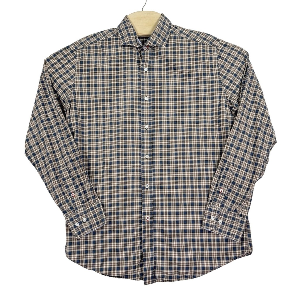 J.McLaughlin Button Down Men Medium Navy Tan Plaid Long Sleeve Cotton Shirt